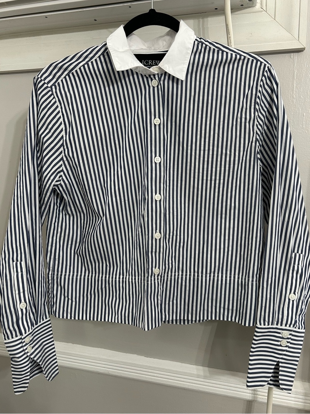 J. Crew Navy and White Striped Button-Down Shirt with White Collar
